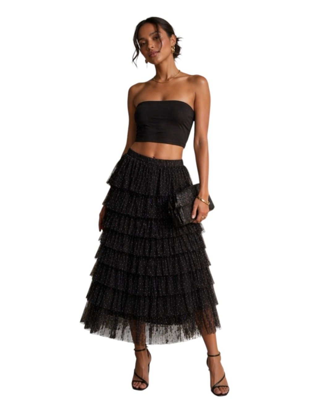 Cupcakes & Cashmere Black Tiered Tulle Midi Skirt Glam Sheer Layers Size Large - Picture 8 of 13